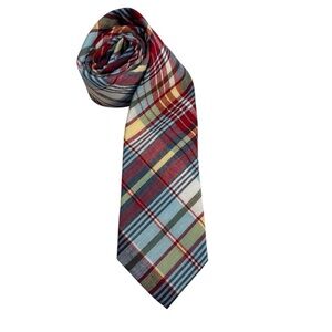 Vintage Tommy Hilfiger Plaid Madras Tie Summer Fall Tie Red Blue Yellow Preppy